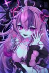  1girl ahoge black_jacket bra breasts broken_horn cleavage colored_skin cyborg demon_girl demon_horns extra_mouth extra_tongue facial_mark fangs heart heart_ahoge heart_facial_mark highres horns indie_virtual_youtuber ironmouse ironmouse_outfit_art_contest jacket kamochiru long_hair looking_at_viewer mechanical_horns medium_breasts multicolored_hair open_mouth pink_bra pink_hair pink_nails pointy_ears purple_eyes purple_hair solo streaked_hair underwear virtual_youtuber white_skin 