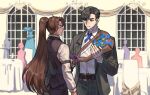  2boys 6+others black_jacket black_vest bouquet brown_hair collared_shirt commentary_request cowboy_shot cross_tie full-stop_office_(identity)_(project_moon) heathcliff_(project_moon) high_ponytail holding holding_bouquet jacket killerohan limbus_company long_hair male_focus meursault_(exhibition)_(project_moon) meursault_(project_moon) multiple_boys multiple_others ponytail project_moon shirt very_long_hair vest white_shirt 