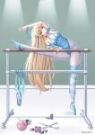  1girl alternate_costume bad_anatomy bad_arm bad_proportions ballet_slippers bare_shoulders blonde_hair blue_archive blue_eyes blue_halo blue_leotard blue_nails bnari breasts breasts_apart closed_mouth commentary_request en_pointe fewer_digits fingernails halo highres indoors leaning_to_the_side leg_up leotard long_hair medium_breasts nail_polish object_request pantyhose scissors shoes smile solo spool stretching toki_(blue_archive) unworn_shoes very_long_hair white_pantyhose 