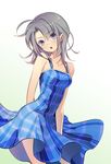  bare_shoulders blue_dress dress dress_tug fang grey_eyes grey_hair kaekae original plaid plaid_dress solo 