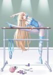  1girl absurdres alternate_costume bad_anatomy bad_arm bad_proportions ballet_slippers bare_shoulders blonde_hair blue_archive blue_eyes blue_halo blue_leotard blue_nails bnari breasts breasts_apart closed_mouth commentary_request en_pointe fewer_digits fingernails halo highres indoors leaning_to_the_side leg_up leotard long_hair medium_breasts nail_polish object_request pantyhose scissors shoes smile solo spool stretching toki_(blue_archive) unworn_shoes very_long_hair white_pantyhose 