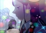 1girl 2boys black_hair blood_time close-up commentary_request from_side grey_eyes ha-yang_baek highres holding holding_microphone korean_commentary lens_flare long_hair microphone multiple_boys murrang_f official_art open_mouth solo_focus 