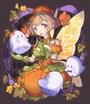  1girl blonde_hair breasts dress fairy fairy_wings fire_emblem fire_emblem_heroes ghost gloves green_gloves grey_background haconeri halloween halloween_costume hat looking_at_viewer medium_breasts official_alternate_costume orange_dress orange_hat peony_(fire_emblem) peony_(fruitful_dream)_(fire_emblem) plant_hair pointy_ears pumpkin_hat purple_eyes smile tongue tongue_out wings 