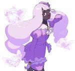  1girl :d ascot clefable commentary_request dark-skinned_female dark_skin dress eyelashes fishnet_pantyhose fishnets from_side gloves hand_up hat highres jacinthe_(pokemon) long_hair long_sleeves looking_to_the_side mega_clefable open_mouth pantyhose pink_hair pokemon pokemon_(creature) pokemon_legends:_z-a puffy_sleeves purple_dress purple_eyes purple_hat shiono_(so_ltori) smile tilted_headwear white_background 