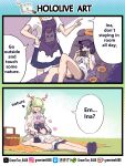  3girls =_= ^_^ absurdres apron aqua_hair barefoot branch ceres_fauna ceres_fauna_(jirai_kei) character_doll closed_eyes commentary doll english_commentary english_text engrish_text green_hair hand_on_own_hip highres hololive hololive_english lap_pillow long_hair mama'nis_(ninomae_ina'nis) medium_hair multiple_girls ninomae_ina'nis ninomae_ina'nis_(loungewear) nintendo_switch open_mouth picnic_basket picnic_blanket pointy_ears pun purple_hair ranguage sitting skirt smile takodachi_(ninomae_ina'nis) two_side_up virtual_youtuber wariza zetsuental 