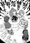  1boy 5girls capstan chibi chibi_only closed_eyes commentary_request curtained_hair dress greyscale highres idolmaster idolmaster_million_live! idolmaster_million_live!_theater_days kitazawa_shiho kitazawa_shiho_(depths_of_twilight_maid) long_hair monochrome multiple_girls nikaido_chizuru nonohara_akane official_alternate_costume ojou-sama_pose p-head_producer ponytail producer_(idolmaster) sakuramori_kaori shimabara_elena shirt skirt standing translation_request tsurui 