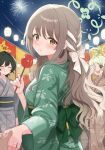  1other 3girls aerial_fireworks blue_archive blue_halo bow braid breasts brown_eyes brown_hair brown_kimono candy_apple closed_mouth commentary_request fireworks floral_print floral_print_kimono food fuyu_(blue_archive) green_hair green_halo green_kimono green_sash grey_kimono hair_ribbon halo highres holding holding_food holding_hands japanese_clothes jewelry kimono lantern long_hair long_sleeves looking_at_viewer looking_back market_stall medium_breasts miyo_(blue_archive) multiple_girls night obi open_mouth outdoors paper_lantern pov pov_hands print_kimono ribbon ribbon_in_braid ring ritsu_(blue_archive) sash short_hair smile solo_focus spicyburrito summer_festival wedding_ring white_bow 