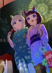  2girls aerial_fireworks animal_ears blue_eyes blue_kimono blunt_bangs blush brown_hair candy_apple commentary_request ear_covers fireworks food grey_hair hair_between_eyes hair_ornament hairband hairclip highres holding holding_candy_apple holding_food horse_ears horse_girl japanese_clothes kimono multiple_girls night nishino_flower_(umamusume) obi open_mouth outdoors pink_hairband pocky purple_eyes purple_kimono ramune sash seiun_sky_(umamusume) short_hair single_ear_cover sky smile tail tetra_(ktet4_illu) umamusume x_hair_ornament 