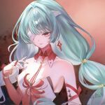  1girl bandage_over_one_eye bare_shoulders blood blood_from_eyes breasts closed_mouth commentary corrupted_twitter_file detached_sleeves earrings fingernails green_hair grey_eyes halterneck highres jewelry long_fingernails long_hair mashiro_mashiro_(muajifox) medium_breasts nail_polish phrolova_(wuthering_waves) red_background red_nails single_detached_sleeve solo tacet_mark_(wuthering_waves) upper_body wuthering_waves 