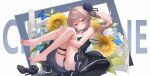  1girl absurdres ahoge bare_shoulders barefoot black_choker black_dress black_panties blue_butterfly brown_hair bug butterfly cheyanne_(girls'_frontline_2) cheyanne_(maiden_debut)_(girls'_frontline_2) choker commentary_request connexion dress feet flower girls'_frontline hair_flower hair_ornament high_heels highres looking_at_viewer m200_(girls'_frontline) official_alternate_costume panties ponytail purple_eyes shoes soles solo thigh_strap underwear unworn_shoes 