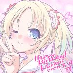  1girl ;) bekkankou blonde_hair blue_eyes blue_hair blush character_name commentary_request dated dress flower gradient_hair hair_flower hair_ornament happy_birthday hasu_no_sora_school_uniform heart lone_nape_hair long_hair looking_at_viewer love_live! love_live!_hasu_no_sora_jogakuin_school_idol_club multicolored_hair neckerchief one_eye_closed osawa_rurino parted_bangs pink_background pink_flower portrait red_neckerchief sailor_collar sailor_dress school_uniform smile solo summer_uniform v virtual_youtuber white_dress white_sailor_collar 