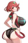  1girl absurdres ass bare_shoulders black_one-piece_swimsuit breasts commentary_request cowboy_shot earrings gonzarez hands_on_own_hips highres huge_ass huge_breasts jewelry looking_at_viewer one-piece_swimsuit orange_eyes pyra_(pro_swimmer)_(xenoblade) pyra_(xenoblade) red_hair simple_background smile solo swimsuit two-tone_one-piece_swimsuit white_background xenoblade_chronicles_(series) xenoblade_chronicles_2 