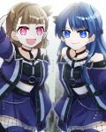  2girls :d ampere_(love_live!) bare_shoulders black_shirt blue_eyes blue_hair blue_skirt blue_thighhighs braid brown_hair center-flap_bangs coat collarbone commentary cowboy_shot detached_sleeves fishnet_pantyhose fishnets highres kachimachi_kosuzu kanduki_kamibukuro long_sleeves looking_at_viewer love_live! love_live!_hasu_no_sora_jogakuin_school_idol_club midriff miniskirt mole mole_on_neck multiple_girls murano_sayaka off_shoulder open_clothes open_coat open_mouth pantyhose pink_eyes pleated_skirt shirt side_braids skirt sleeveless sleeveless_shirt smile thighhighs virtual_youtuber 