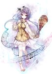 anklet barefoot biwa_lute cis_(carcharias) flower hair_flower hair_ornament instrument jewelry long_hair lute_(instrument) musical_note purple_hair sketch smile solo touhou tsukumo_benben twintails 