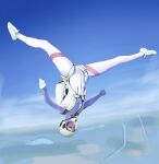  1girl artist_name bag blue_sky bodysuit closed_eyes closed_mouth discmod falling full_body gloves helmet highres horizon jumpsuit long_legs midair original outdoors outstretched_arms parachute self-upload shoes sky skydive slim_legs spread_arms spread_legs suit upside-down white_bag white_bodysuit white_gloves white_shoes wide_spread_legs 
