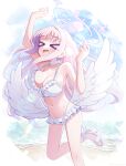  >_< 1girl angel_wings arms_up beach bikini block_heels blue_archive blue_halo blush breasts choker cleavage closed_eyes collarbone commentary_request day feathered_wings frilled_bikini frills front-tie_bikini_top front-tie_top gradient_halo halo high_heel_sandals high_heels highres long_hair low_wings medium_breasts mika_(blue_archive) mika_(swimsuit)_(blue_archive) minto_yupo multicolored_halo navel ocean open_mouth outdoors pink_hair pink_halo sandals smile solo standing standing_on_one_leg swimsuit white_bikini white_choker white_sandals white_wings wing_ornament wings 