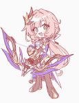  1girl :d black_boots blue_eyes boots bow_(weapon) chibi chibi_only commentary corset elf elysia_(honkai_impact) elysia_(miss_pink_elf)_(honkai_impact) highres holding holding_bow_(weapon) holding_weapon honkai_(series) honkai_impact_3rd long_hair looking_at_viewer low_ponytail mi_(27782900) open_mouth pink_hair pointy_ears ponytail simple_background smile solo teeth upper_teeth_only very_long_hair weapon white_background white_corset 