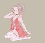  1girl babydoll bare_arms black_choker bow breasts choker cleavage closed_eyes commentary_request earrings eyelashes final_fantasy final_fantasy_vi front_bow green_hair hair_ribbon high_ponytail highres jewelry medium_breasts no_mouth no_nose no_shoes panties pink_bow ponytail print_thighhighs puoweip purple_ribbon red_babydoll red_panties ribbon seiza sideboob sitting sleepwear solo terra_branford thighhighs underwear white_thighhighs 