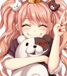  ^_^ bear_hair_ornament blonde_hair blush closed_eyes crown danganronpa danganronpa_1 enoshima_junko grin hair_ornament hug long_hair momoko_(momopoco) monokuma nail_polish sleeves_rolled_up smile solo spoilers twintails v 