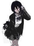  1girl bag bag_charm black_cardigan black_choker breasts cardigan chainsaw_man character_charm charm_(object) chinese_commentary choker closed_mouth commentary_request cowboy_shot daisy_(flower) flower green_eyes grenade_pin grey_cardigan grey_skirt hair_between_eyes hair_flower hair_ornament hand_in_own_hair highres knees_together_feet_apart kuromi light_blush long_hair_between_eyes medium_breasts medium_hair my_melody_(series) neck_ribbon pleated_skirt purple_hair purple_ribbon revision reze_(chainsaw_man) ribbon sanrio shirt shoulder_bag shuishuisama simple_background sketch skirt smile solo white_background white_flower white_shirt 