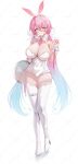  1girl absurdres animal_ears bare_shoulders blue_hair blush breasts cleavage closed_mouth commentary_request covered_navel fake_animal_ears fingernails full_body full_cleavage gradient_hair hair_between_eyes hair_ornament hairclip hand_up high_heels highres holding holding_tray large_breasts leotard long_hair looking_at_viewer low_neckline multicolored_hair original paid_reward_available pink_eyes pink_hair playboy_bunny rabbit_ears shoes sikimosh simple_background solo standing strapless strapless_leotard thigh_strap thighhighs tray twintails very_long_hair watermark watermark_grid white_background white_leotard white_shoes white_thighhighs 