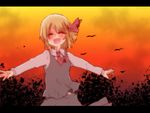  :d blonde_hair blush fang hair_ribbon highres letterboxed necktie open_mouth ribbon rumia short_hair smile solo sunset takorice touhou 
