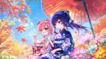  2girls assault_lily autumn autumn_leaves blue_sky blush bow braid brown_eyes closed_mouth cloud commentary_request copyright_request crown_braid dango day falling_leaves floating_hair floral_print flower food food_on_face frilled_kimono frills hair_bow hand_on_lap handkerchief hands_up high_ponytail hitotsuyanagi_riri holding holding_food holding_handkerchief itou_shizu_(assault_lily) japanese_clothes kimono leaf long_sleeves looking_at_another looking_to_the_side multiple_girls obi official_alternate_costume official_alternate_hairstyle official_art oil-paper_umbrella open_mouth orange_flower outdoors pink_flower pink_hair ponytail print_bow print_kimono purple_bow purple_eyes purple_hair purple_kimono red_flower sash short_hair sideways_glance sitting sky smile syukonbu teeth umbrella upper_teeth_only wagashi white_flower wiping_another's_face 