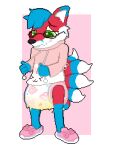abuniverse anthro archived_source big_diaper black_nose blue_hair blue_hands blush blush_lines bodily_fluids border bunnyhopps bunnyhopps_(diaper) canid canine clothed clothing diaper digital_media_(artwork) eyewear footwear fox genital_fluids glasses green_eyes hair hi_res hoodie leaking_diaper looking_down looking_down_at_diaper male mammal multicolored_clothing multicolored_footwear multicolored_shoes pantsless pantsless_anthro pantsless_male peeing pink_background pink_bow pink_clothing pink_hoodie pink_topwear pixel_(artwork) pixxystick shoes simple_background solo standing topwear unclean_diaper urine urine_drip used_diaper using_diaper wearing_diaper wearing_glasses wet wet_diaper wetting wetting_diaper white_border