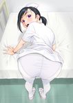  1girl ass bed bent_over black_hair looking_back nurse open_mouth panties panties_under_pantyhose pantyhose purple_eyes sunsun69 underwear white_legwear white_pantyhose 