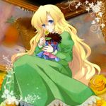  blonde_hair blue_eyes dress flower ib long_hair mary_(ib) mushi_baibai rose smile solo very_long_hair yellow_flower yellow_rose 