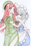  2girls absurdres ahoge apron blue_eyes blush breast_envy breast_grab breasts chinese_clothes colorized grabbing hat highres hong_meiling izayoi_sakuya long_hair long_sleeves maid maid_headdress multiple_girls puffy_sleeves red_hair short_sleeves silver_hair star sudou-akira touhou white_background 