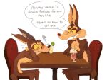 alcohol anthro beverage blush bodily_fluids canid canine canis chair cocktail coyote dialogue duo english_text furniture hi_res looney_tunes male male/male mammal on_chair pioozzz ralph_e._wolf simple_background sitting sitting_on_chair sweat table tail text warner_brothers white_background wile_e._coyote wolf yellow_sclera