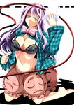  bad_id bad_pixiv_id barefoot bow bra breasts bubble_skirt cleavage green_eyes hata_no_kokoro kneeling large_breasts long_hair long_sleeves mask navel open_clothes open_mouth open_shirt pink_hair plaid plaid_shirt reiha_(penetrate) shirt skirt solo sweat touhou underwear 