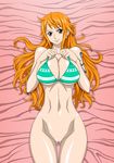  1girl bikini blush bottomless bra breasts brown_eyes censored female highres large_breasts long_hair lying naked_from_the_waist_down nami nami_(one_piece) nel-zel_formula one_piece orange_hair pink_sheets pussy smile solo swimsuit tattoo underwear 