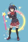  bad_id bad_pixiv_id black_hair blue_eyes chuunibyou_demo_koi_ga_shitai! eyepatch one_side_up plaid plaid_skirt pose school_uniform short_hair skirt takanashi_rikka thighhighs watanore zettai_ryouiki 