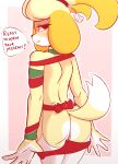  &lt;3 2018 animal_crossing anthro blush butt canine clitoris clothing dialogue dog female fur hair hi_res isabelle_(animal_crossing) mammal nintendo nude panties panties_down pussy raydio shih_tzu simple_background smile solo text underwear video_games white_fur yellow_fur 