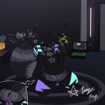 anal anal_penetration anthro ash_(fizzy_pop) big_butt black_hair bottomless butt clothed clothing computer cyberpunk dildo ear_piercing ear_ring electronics female female_penetrated fizzy_pop_ex fluffy fluffy_tail fur genitals grey_body grey_fur gun hair hi_res highlights_(coloring) humanoid_genitalia humanoid_vulva laptop legwear mammal neon_lights nonbinary_(lore) penetration piercing plantigrade plushie presenting procyonid raccoon ranged_weapon ring_piercing sex_toy solo solo_focus tail thick_thighs thigh_highs tongue tongue_out vulva weapon