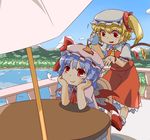  :t ankle_socks ascot balcony bat_wings blonde_hair blouse blue_hair blue_sky cloud day flandre_scarlet flapping flying forest hat hat_ribbon head_rest hihachi hill lake looking_at_another looking_up mob_cap mountain multiple_girls nature open_hand pouring pout railing red_eyes remilia_scarlet ribbon shade shadow short_hair siblings side_ponytail sisters sitting skirt skirt_set sky table teapot touhou umbrella wings wrist_cuffs 
