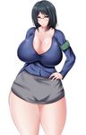  1girl black_hair blush breasts cleavage glasses huge_breasts saogokushi skirt solo thick_thighs thighs tight 