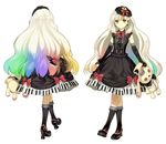  absurdres axe blonde_hair boots bow bunny dress elbow_gloves frilled_legwear gloves gothic gothic_lolita gradient_hair hair_ornament hidari_(left_side) highres holding lolita_fashion long_hair mayu_(vocaloid) multicolored multicolored_hair multiple_views official_art piano_print rainbow_hair stuffed_animal stuffed_bunny stuffed_toy turnaround usano_mimi vocaloid weapon white_background yellow_eyes 