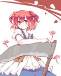  blush flower hair_bobbles hair_ornament looking_at_viewer mushi_baibai onozuka_komachi red_eyes red_hair scythe short_hair simple_background solo touhou 