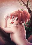  back branch breasts cherry food fruit highres large_breasts long_hair mouth_hold nishinomiya_sakuko nude original pointy_ears red_eyes red_hair sideboob solo 