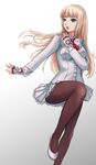  blonde_hair blue_eyes brown_legwear commentary_request dress elsen fighting_stance fingerless_gloves gloves high_heels highres hime_cut leg_up lili_(tekken) long_hair open_mouth pantyhose solo tekken white_dress 