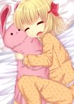  blonde_hair closed_eyes fang highres kaoru_(rena12345) open_mouth pajamas rumia sleeping solo stuffed_animal stuffed_bunny stuffed_toy touhou 