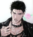  1boy alternate_costume aqua_eyes black_choker black_hair black_jacket black_shirt chain chain_necklace choker cigarette collarbone ear_piercing earrings fang flower guguguguguge highres jacket jewelry jojo_no_kimyou_na_bouken kujo_jotaro leather leather_jacket looking_at_viewer male_focus multiple_earrings multiple_necklaces multiple_rings necklace necklace_pull neon_lights open_mouth piercing portrait ring rose shirt short_hair silver_ring simple_background solo spiked_choker spikes stardust_crusaders teeth torn_clothes unlit_cigarette_in_mouth veins white_background 