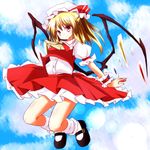  ascot blonde_hair blue_sky cloud day flandre_scarlet hat hat_ribbon jumping looking_at_viewer misoshiru_(meridianchild312) mob_cap pink_eyes puffy_sleeves ribbon shirt short_sleeves skirt sky smile solo touhou vest wings wrist_cuffs 