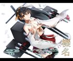  bare_shoulders black_hair breasts brown_eyes character_name cleavage detached_sleeves hair_ornament hairband haruna_(kantai_collection) headgear highres japanese_clothes kantai_collection kentaurosu letterboxed long_hair looking_at_viewer medium_breasts parted_lips ribbon-trimmed_sleeves ribbon_trim solo thighhighs torn_clothes 