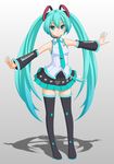  black_legwear blush boots detached_sleeves green_eyes green_hair hatsune_miku hatsune_miku_(vocaloid3) long_hair looking_at_viewer necktie outstretched_arms skirt smile solo t2r thigh_boots thighhighs twintails very_long_hair vocaloid 