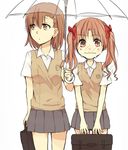  bad_id bad_pixiv_id bag blush brown_eyes brown_hair long_hair looking_away misaka_mikoto multiple_girls sawaokowa school_bag school_uniform shared_umbrella shirai_kuroko short_hair skirt sweat sweater_vest to_aru_kagaku_no_railgun to_aru_majutsu_no_index transparent transparent_umbrella twintails umbrella 