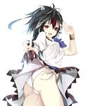  :d ass bad_id bad_pixiv_id black_hair bracelet double_v dress dress_lift gorilla_(bun0615) highres horns jewelry kijin_seija multicolored_hair open_mouth panties red_eyes ribbon short_hair side-tie_panties silver_hair smile solo touhou twisted_torso underwear v white_panties 